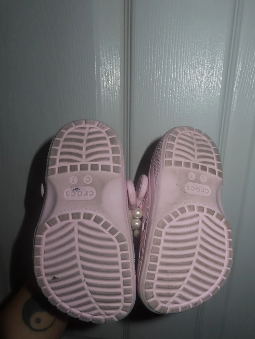 CROCS Light Pink Kids Clogs with Pearl Strap & Gem Charms